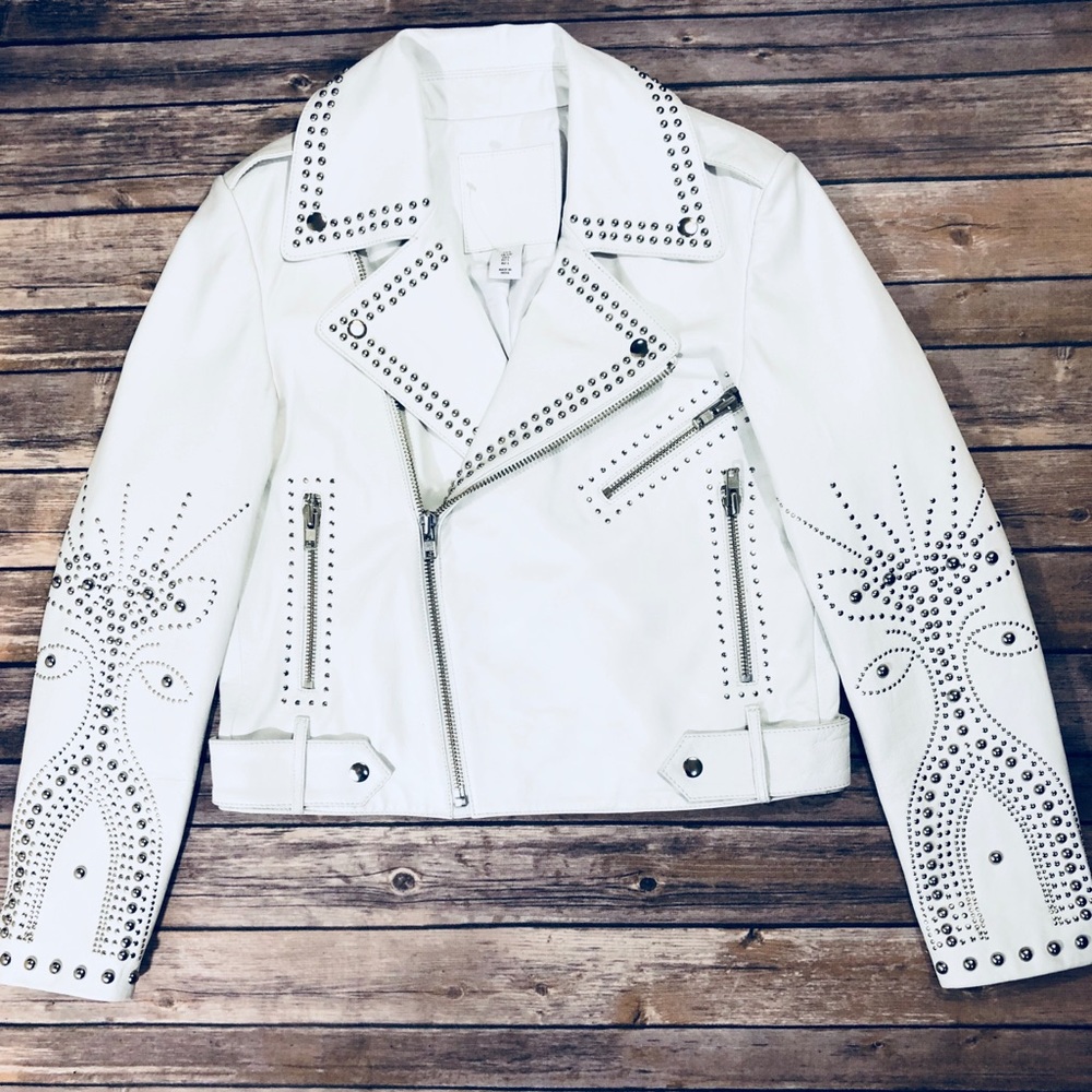BELLE VERE white leather silver studded mot jacket - Picture 3 of 8